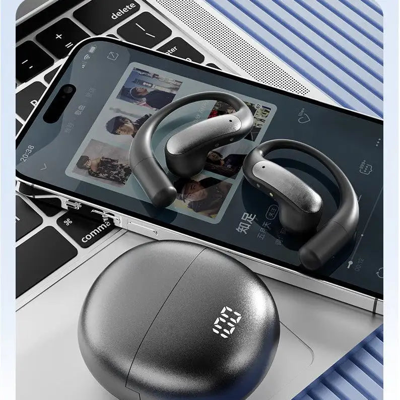 Wireless VU-TEK M118 sports Bluetooth earbuds with noise cancelling, 3D sound, HD microphone, AI translation, and 60-hour battery in silver.