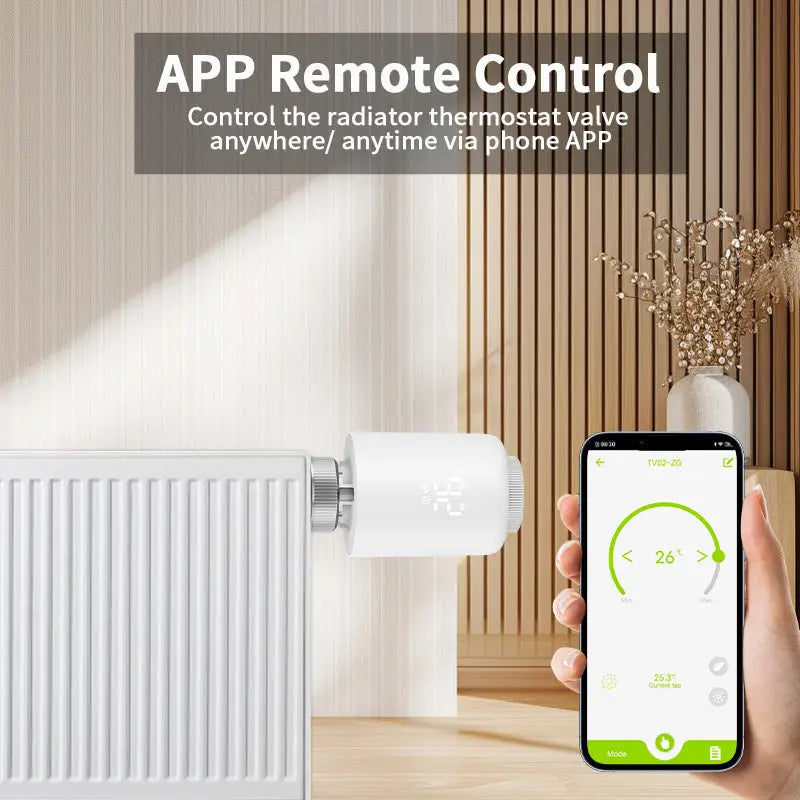 Termostat cilindric alb pentru calorifer cu afisaj digital montat pe panou alb si control de pe smartphone