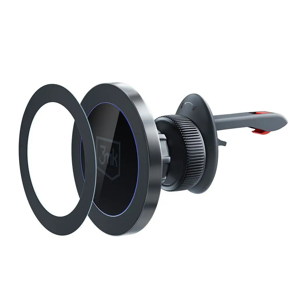 Suportul auto magnetic 3mk magholder negru cu design circular si led albastru mentine telefonul fix pe aeratoare