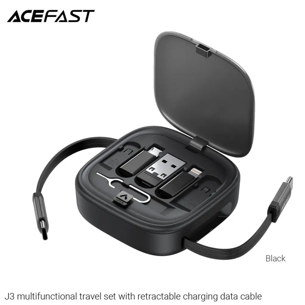 Acefast j3 travel set multifunctional cablu usams 3in1 micro cu retractabil, negru, 0.95m, 60w, 3a, usb-c, lightning, micro usb