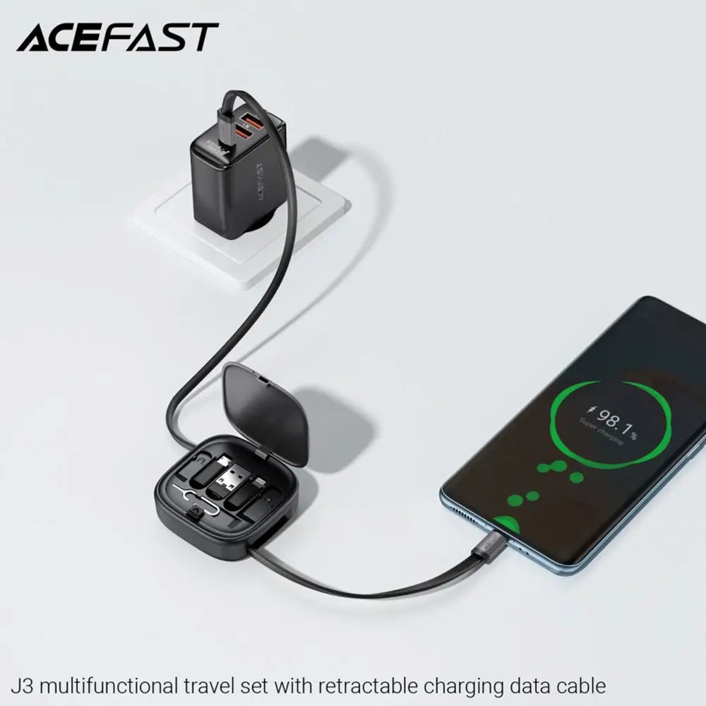 Set de călătorie acefast j3 negru cu cablu usams 3in1 micro usb retractabil și slot card integrat