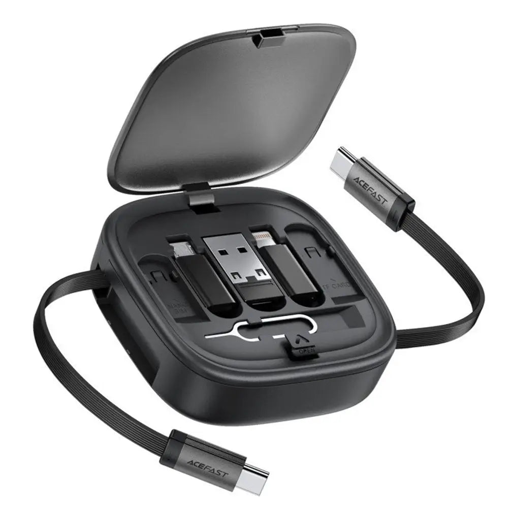 Organizer cablu acefast negru cu cablu retractabil 3in1 usb c micro usb lightning ideal pentru călătorii