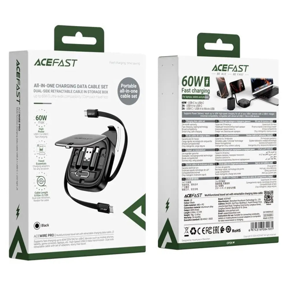 Set cablu usams 3in1 negru acefast pro 60w cu design retractabil dublu si compartiment depozitare micro usb
