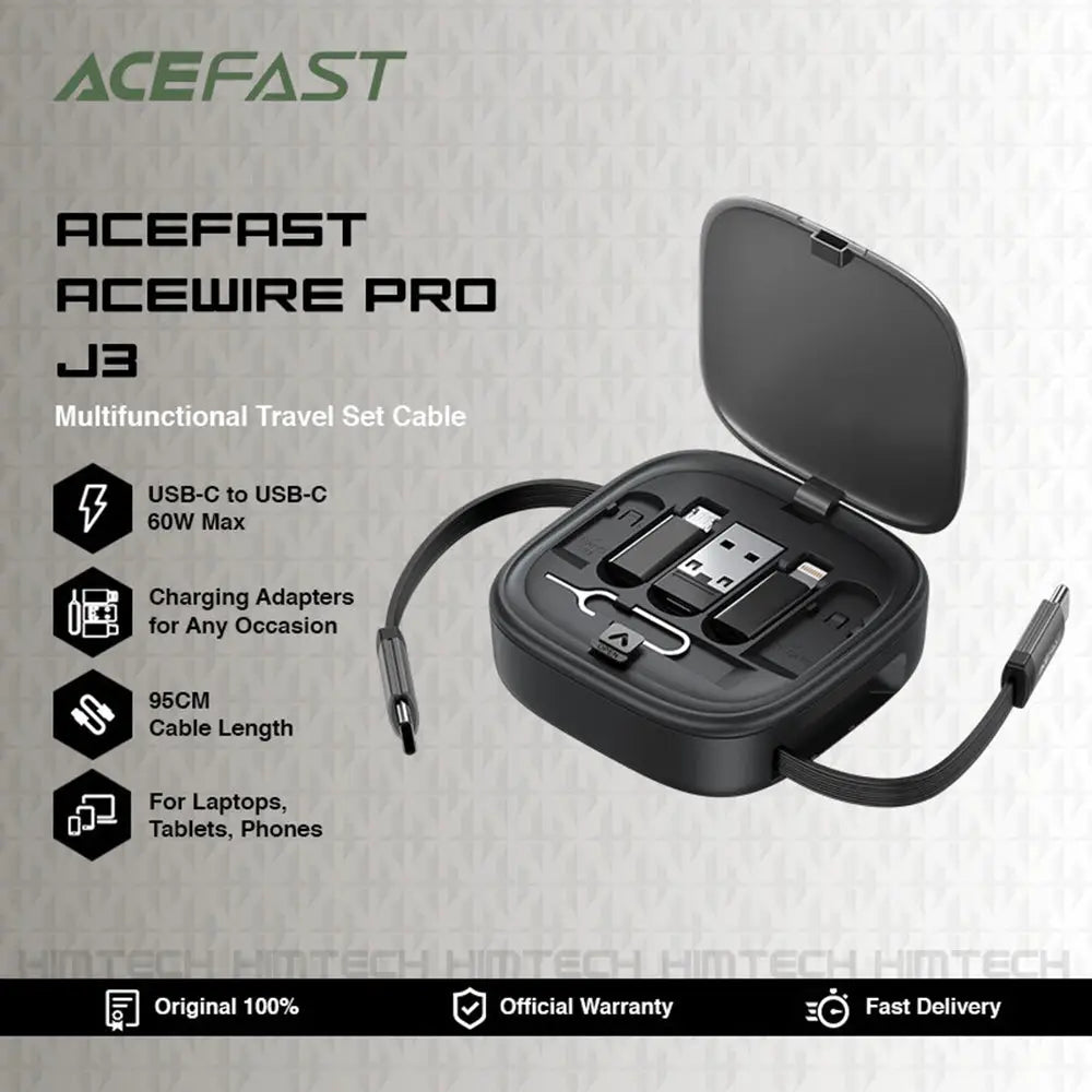 Set de calatorie acefast j3 negru cu cablu retractabil micro usb si cablu usams 3in1 pentru incarcare rapida 60w