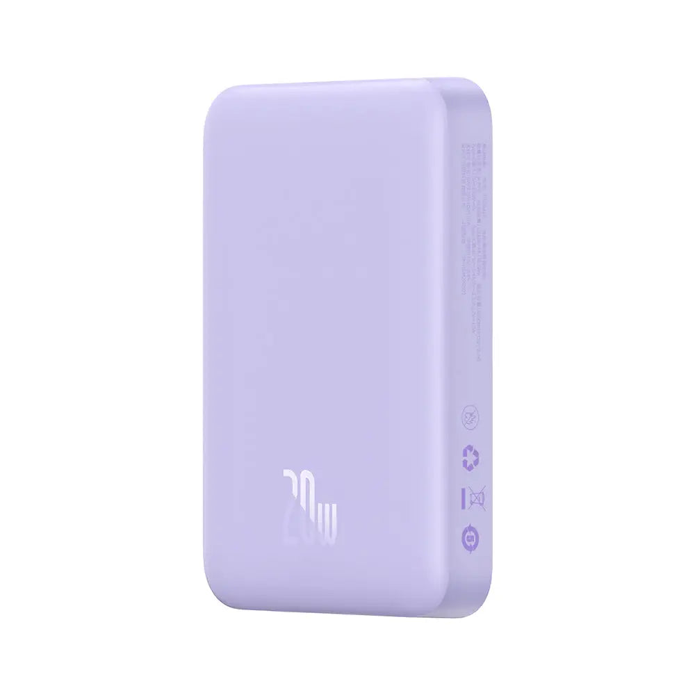 Un power bank magnetic mini mov lavandă cu finisaj mat și branding subtil pentru încarci wireless rapid