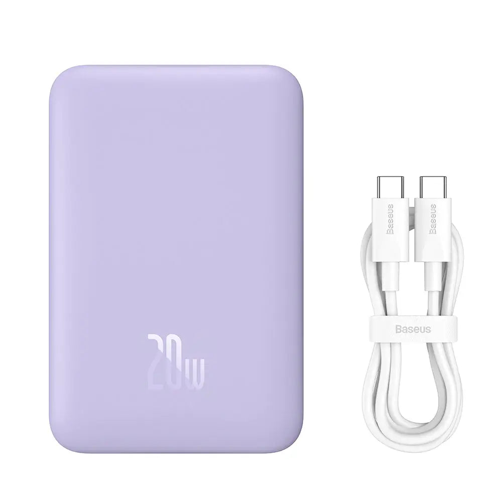 Lavender baseus power bank magnetic mini 20w cu cablu usb-c alb pentru incarcare wireless rapida portabila