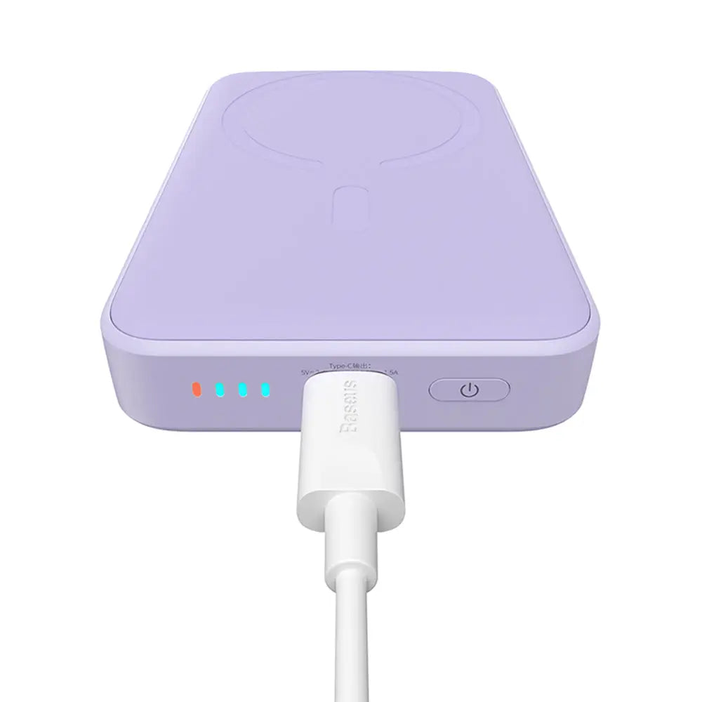 Lavender power bank magnetic mini de la baseus cu pad magnetic, led si usb-c pentru incarcare wireless rapida