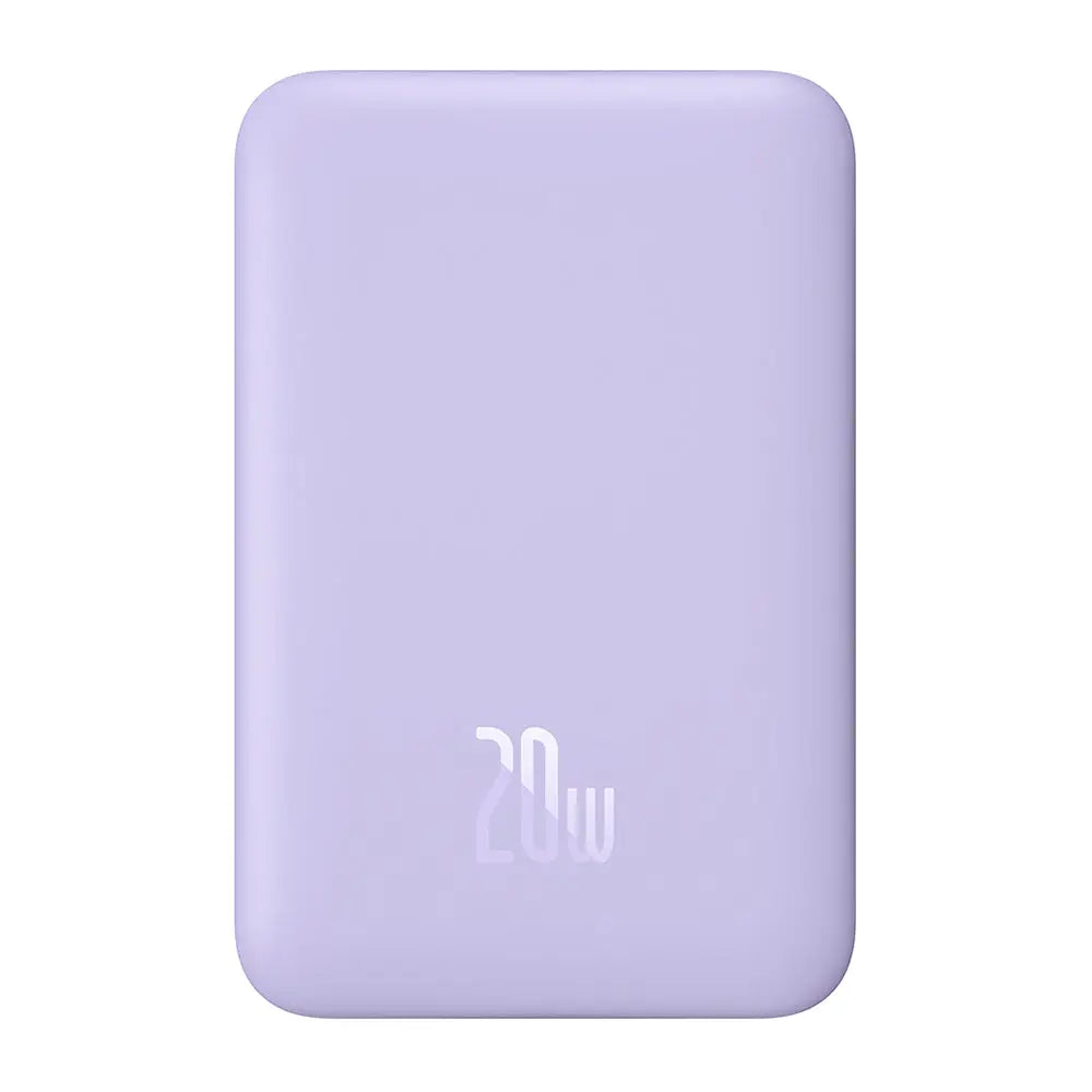 Power bank magnetic Baseus de culoare lavanda cu finisaj mat și 20w imprimat ideal pentru incarcare wireless