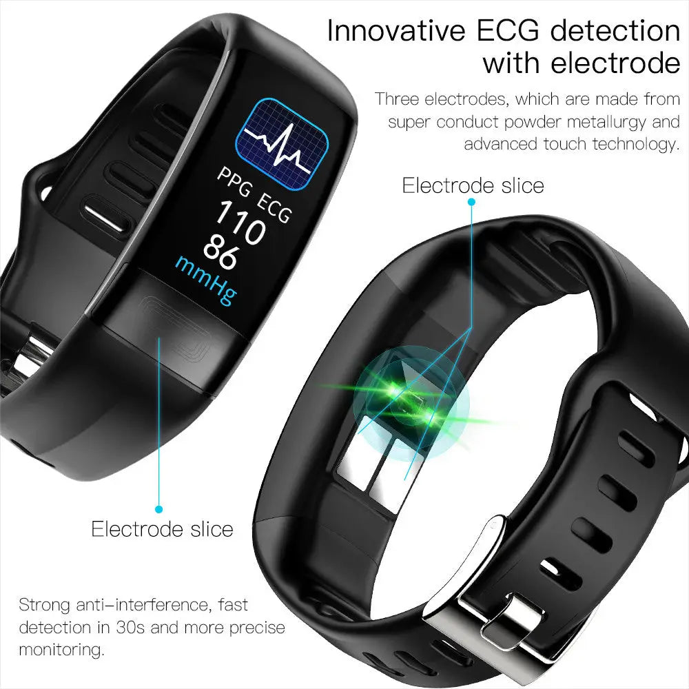 Bratara fitness inteligenta p11 plus neagra cu ecran digital dreptunghiular, monitorizare puls si ecg avansata