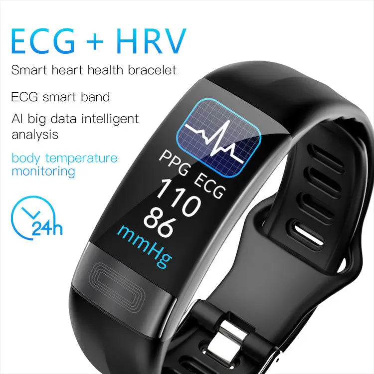 Bratara fitness inteligenta p11 plus neagra cu ecran digital curbat aratand puls si tensiune arterială