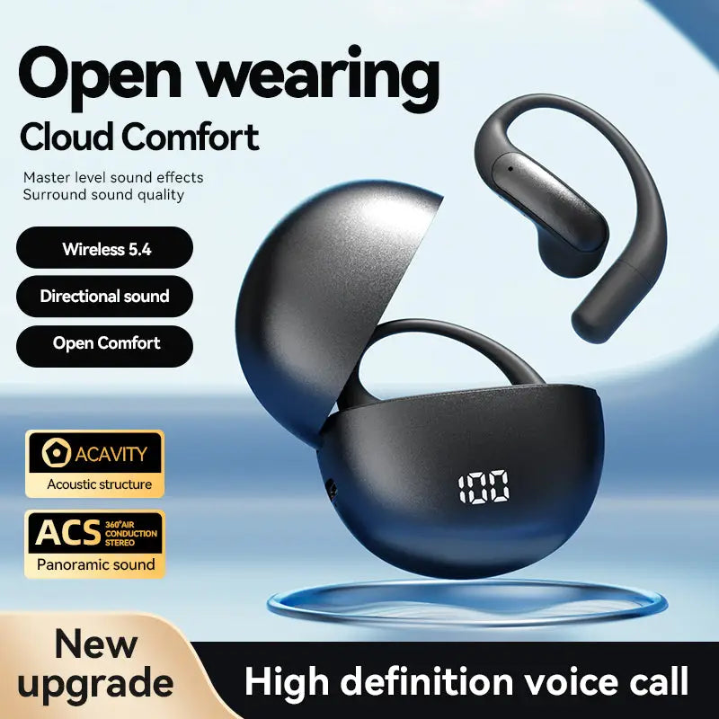 Black wireless vu-tek m118 earbuds in a sleek curved design with open-ear fit shown in matching charging case