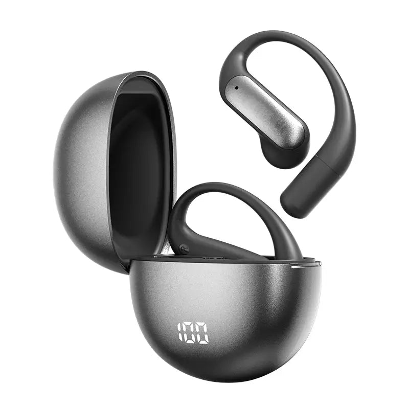 Black wireless vu-tek m118 earbuds with metallic accents in a matte charging case with digital display