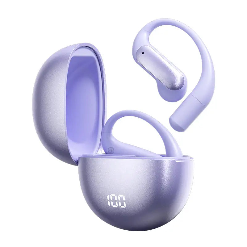 Lavender wireless vu-tek m118 earbuds with sleek curved design and matching spherical case with digital display