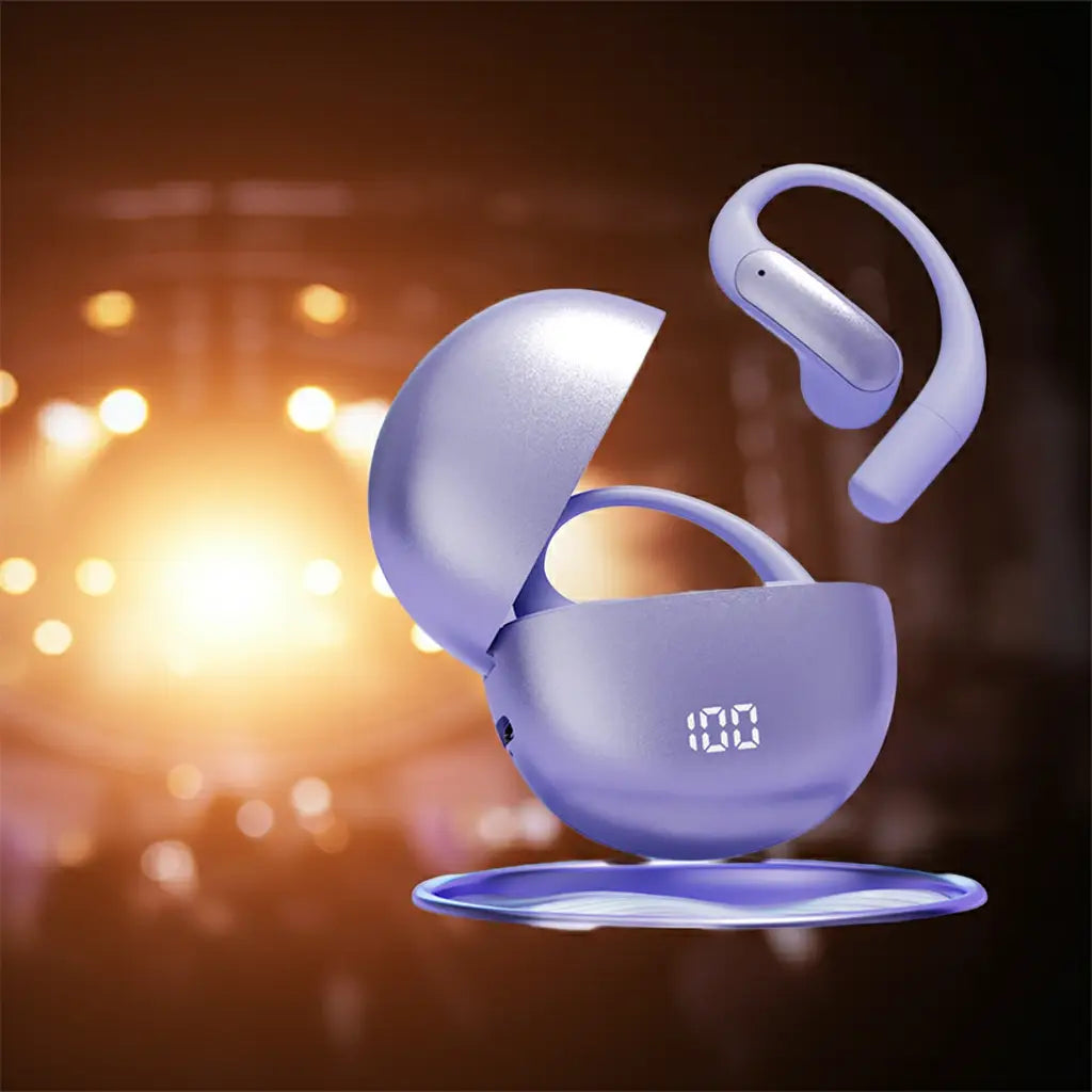 Purple matte wireless vu-tek m118 earbuds with sleek design and matching charging case showing 100 battery level