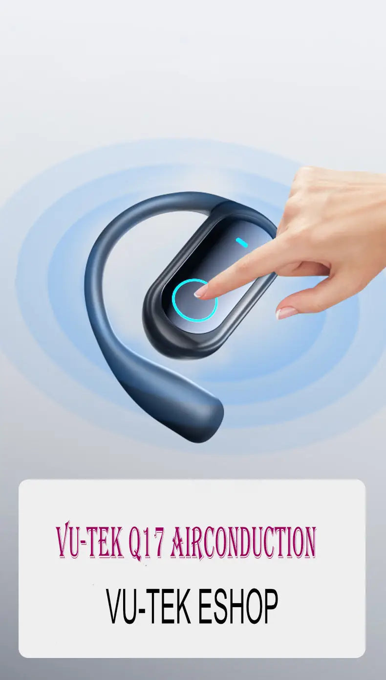Casti wireless vu-tek q17 air conduction negre cu design curbat si buton albastru aprins rezistente la apa ipx5