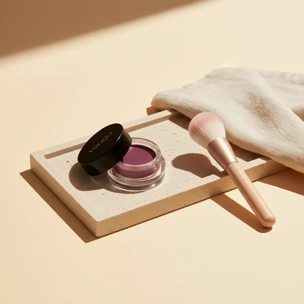 Un borcan de sticlă clară cu capac negru ce conține cream blush mov vibrant de la voodoo