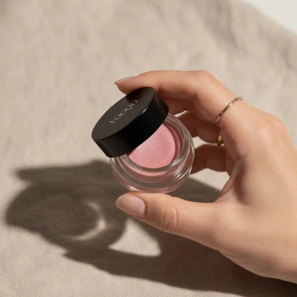 Un borcan mic de sticla transparenta cu capac negru ce contine pudra roz de blush crema crema blush