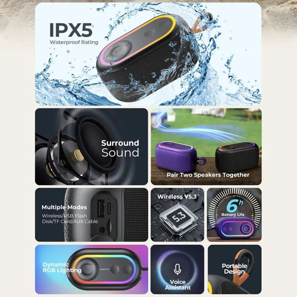 Căști bluetooth havit wireless speaker sk809bt negre și galbene rezistente la apă cu iluminare rgb dinamică