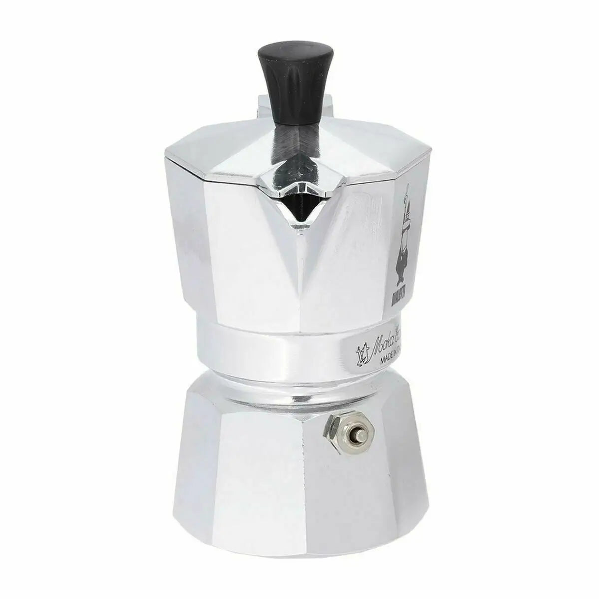 Silver italian coffee maker moka pot with black knob and engraved bialetti logo 60 ml capacity