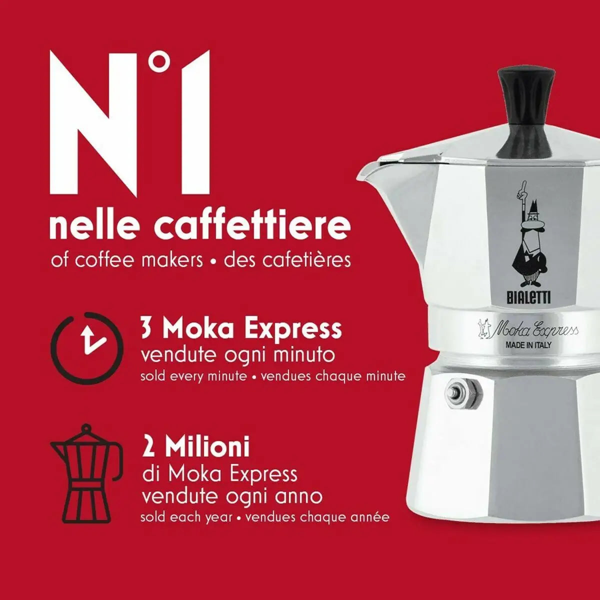 Italian coffee maker bialetti moka express silver with black handle and iconic cartoon logo 60 ml pot