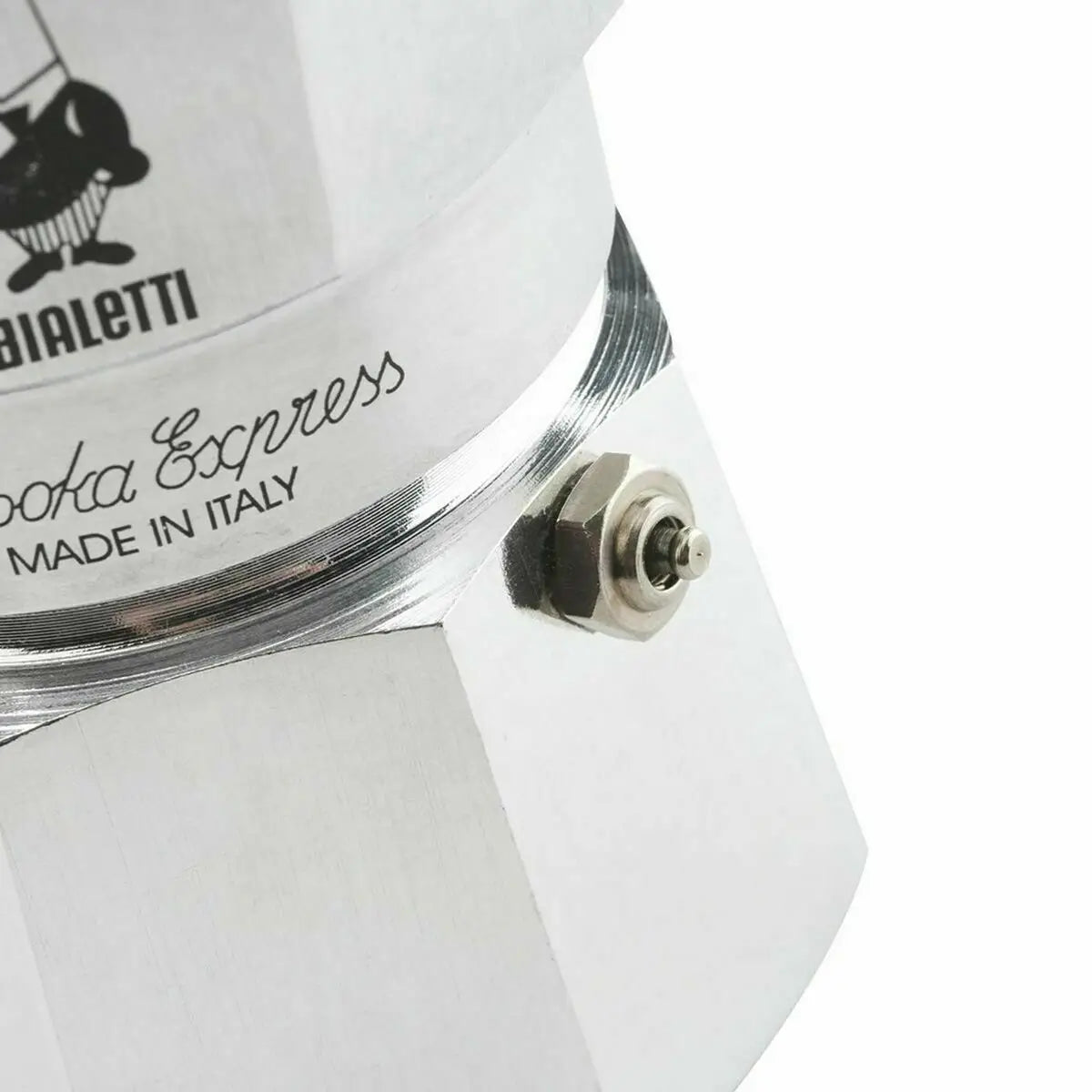 Italian coffee maker bialetti 0001161 silver moka express with polished metallic finish and engraved branding