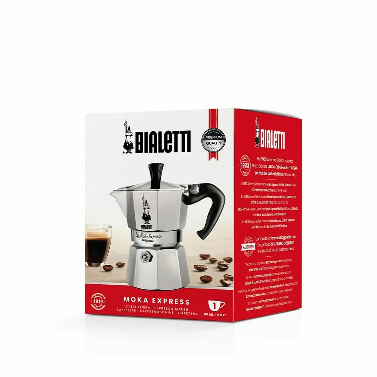 Silver bialetti moka express italian coffee maker 60 ml with black handle and spout for perfect espresso