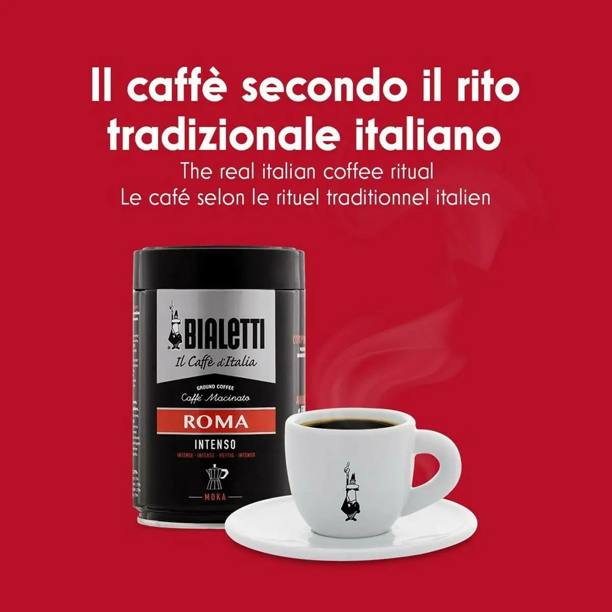 Recipient cilindric negru bialetti roma intenso cafea măcinată cu etichetă argintie pentru italian coffee maker 60 ml