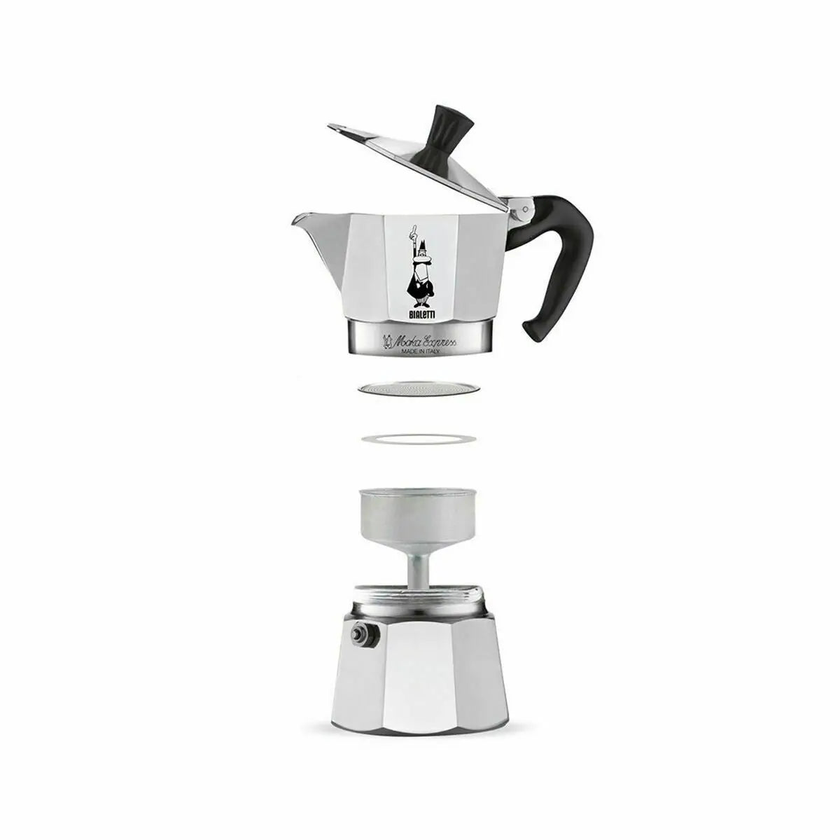 Italian coffee maker bialetti 0001161 silver moka express with black handle and classic octagonal design 60 ml