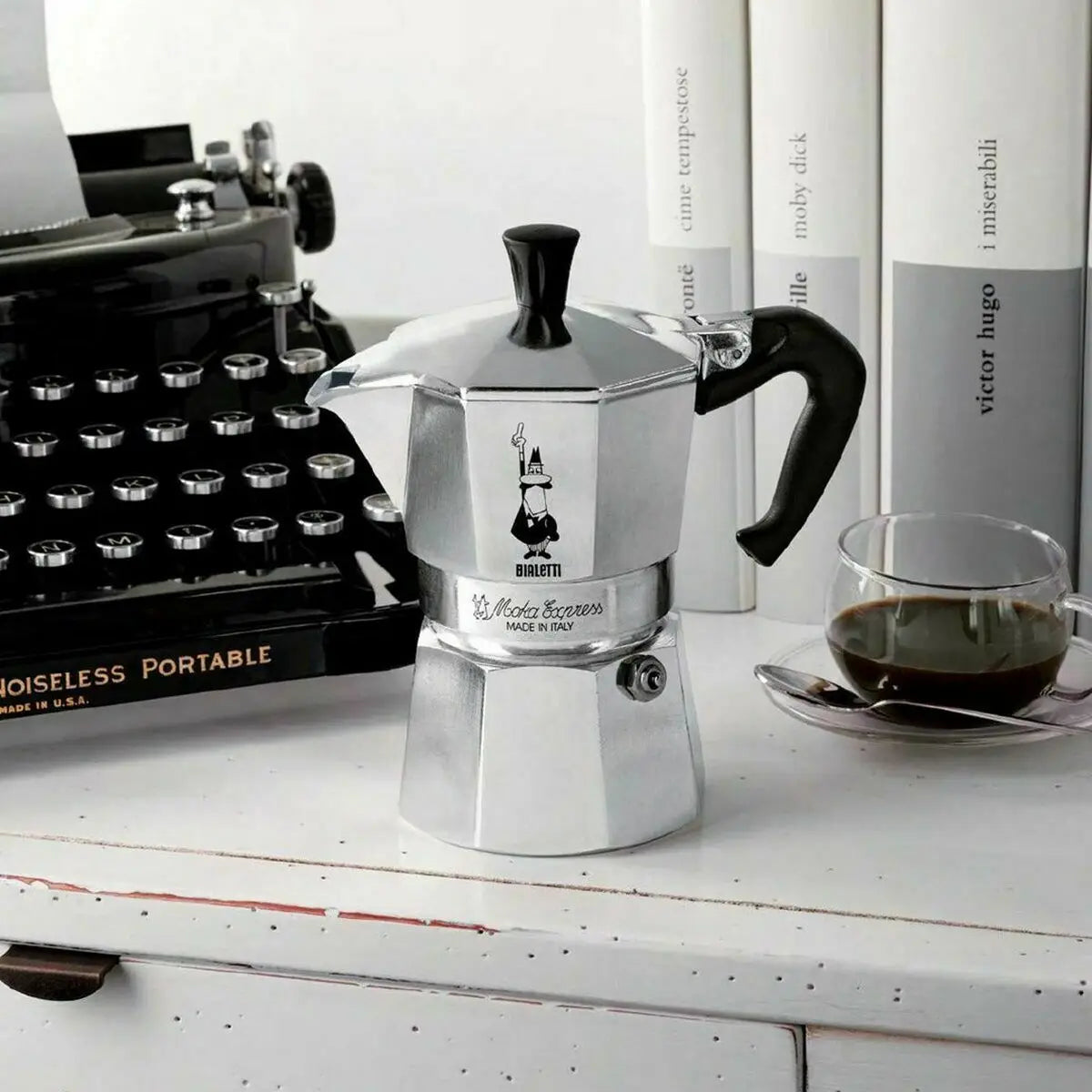 Silver bialetti moka express italian coffee maker 60 ml with black handle and classic octagonal design