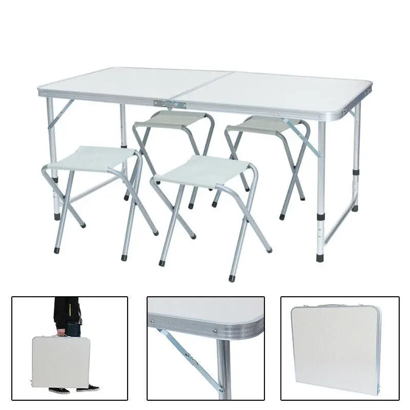 Silver aluminum folding table with white tabletop and matching foldable stools for camping use