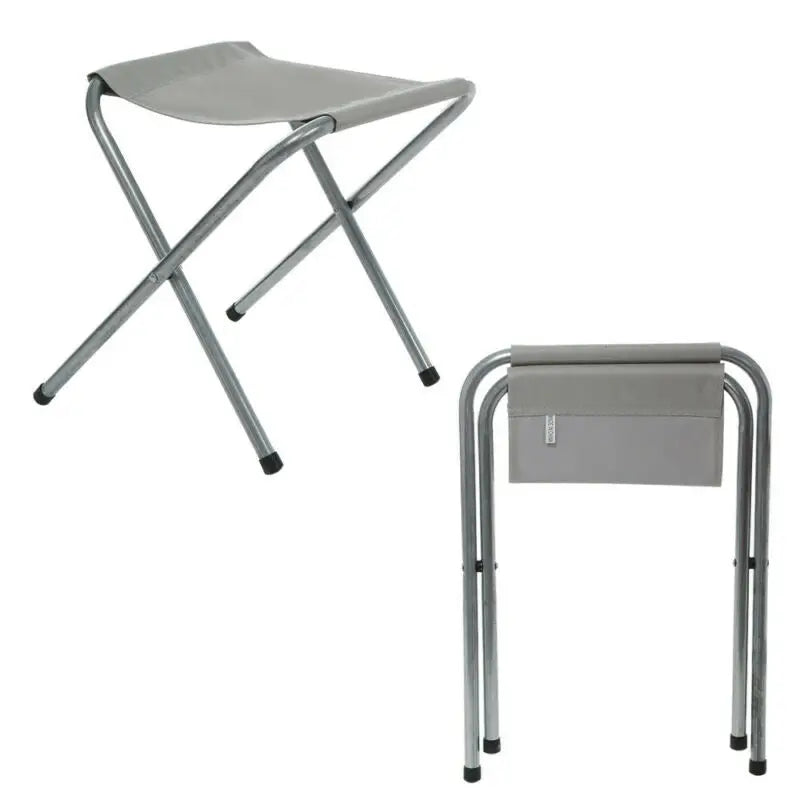 Gray fabric folding camp stool with silver metal frame and black rubber feet from kempingový stôl so 4 stoličkami set