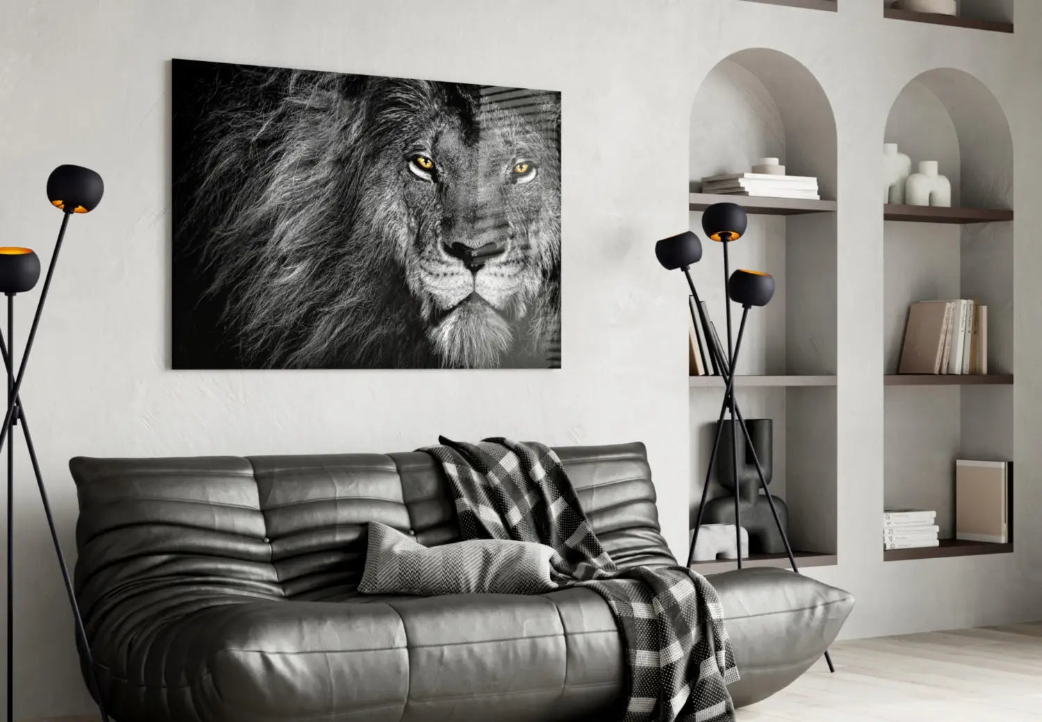 This piece lion glass wall art features a black-and-white lion face on tempered glass with striking yellow eyes
