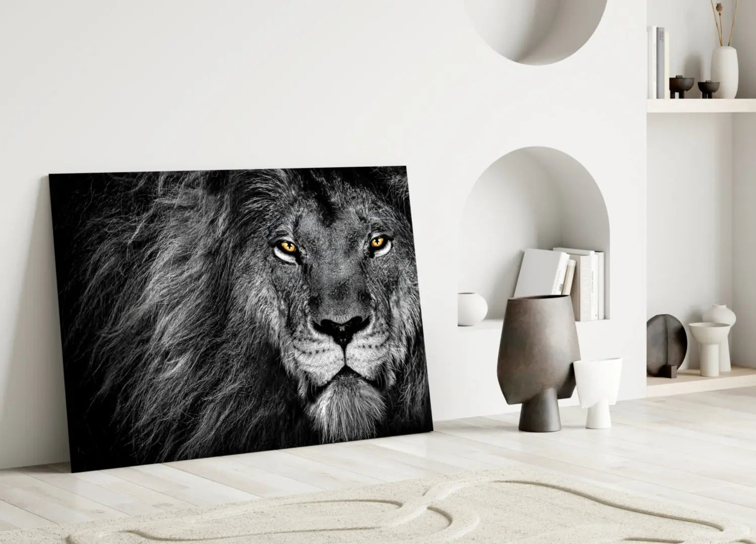 This piece features black-and-white lion glass wall art with striking golden eyes on tempered glass canvas