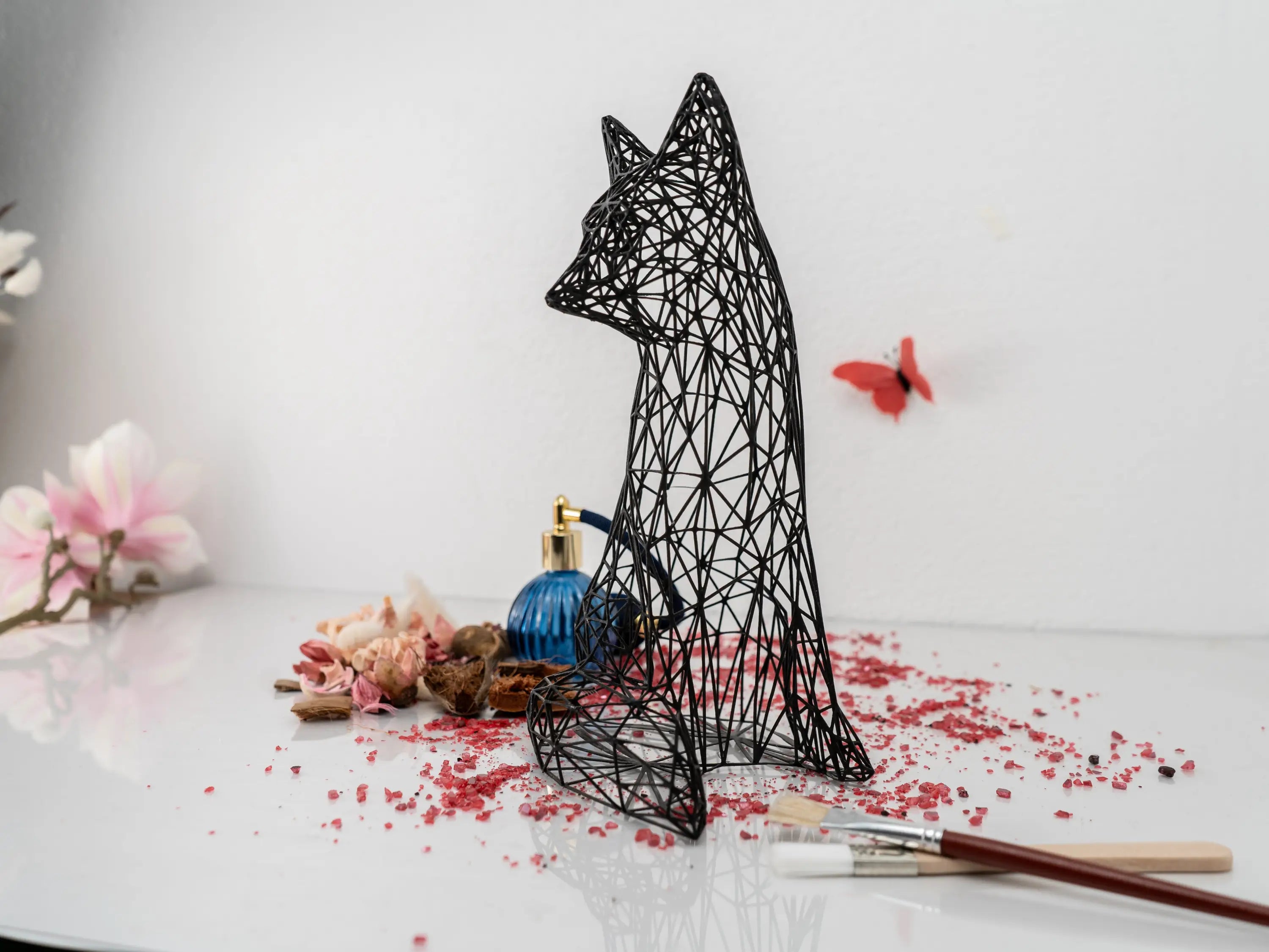 Modern black wire fox sculpture with geometric lattice design perfect as a modern fox sculpture decoration
