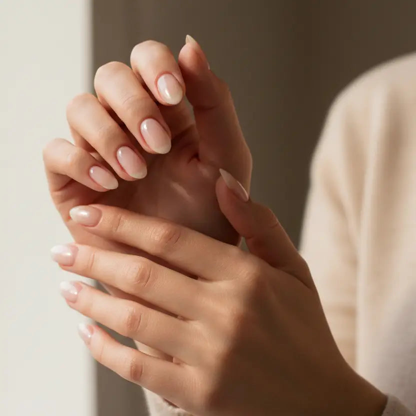 Mâini natural manichiurate cu lac de unghii nude lucios ce evită cele mai dăunătoare substanțe din nail top coat
