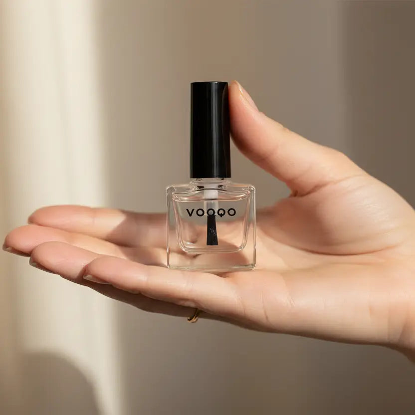 Clear glass bottle of voodoo brand nail polish remover with black cap and brush applicator for nail top coat without the most harmful chemicals