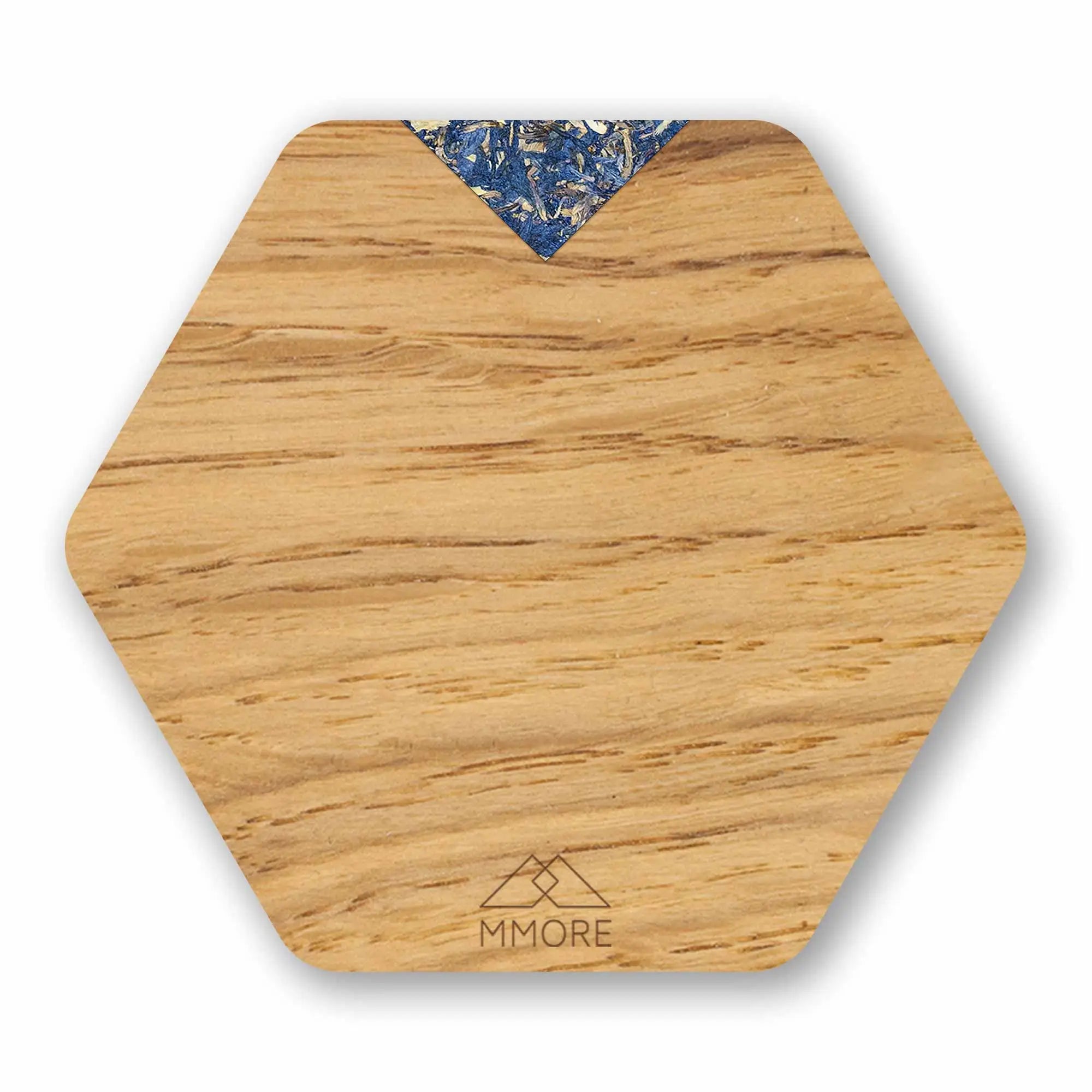 Hexagonal wooden coasters set of 4 with blue fabric accent and engraved mmore logo on oak centre of the coaster