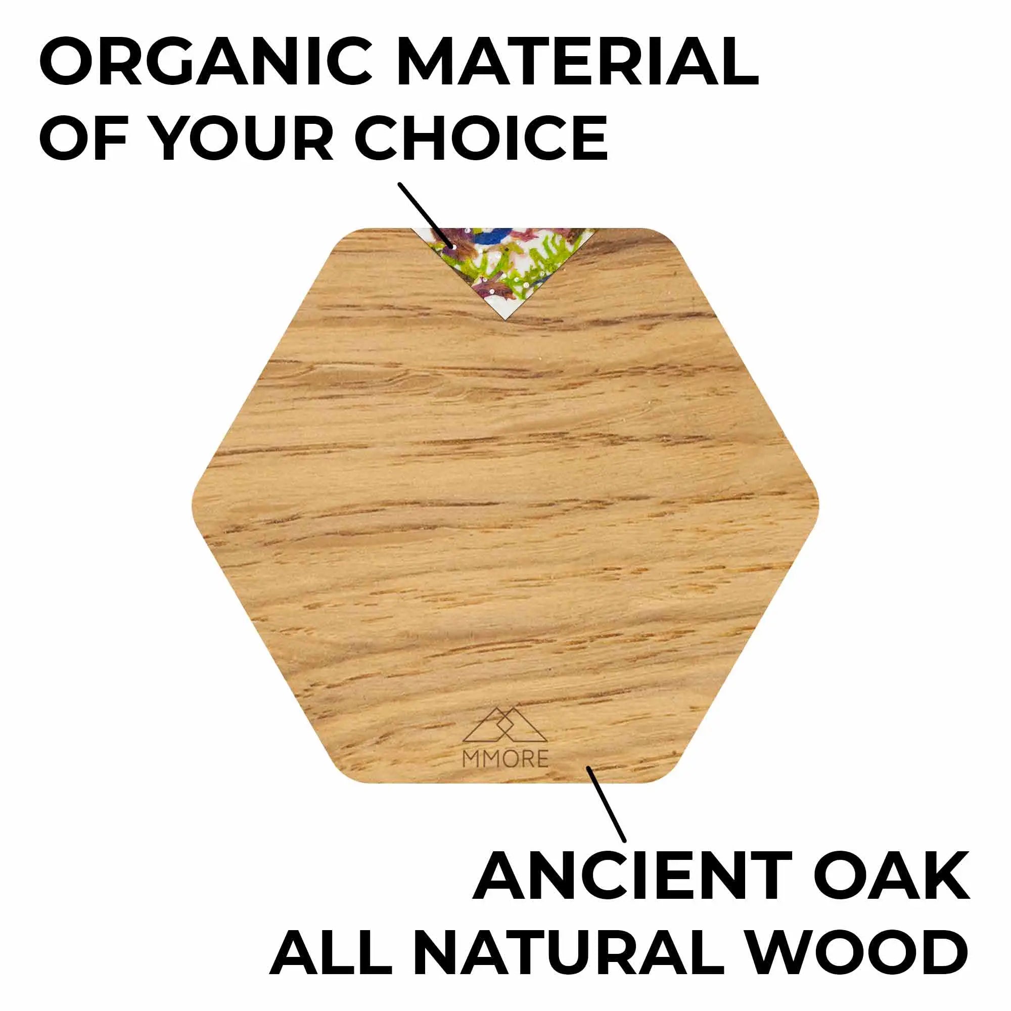 Hexagonal wooden coasters made of ancient oak with natural grain finish perfect for the centre of the table