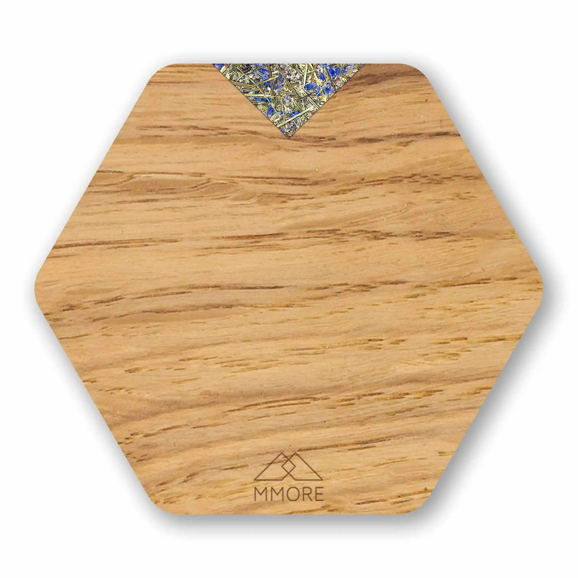 Personalized wooden coasters set of 4 with hexagonal oak board and blue gold mosaic inlay at the top corner