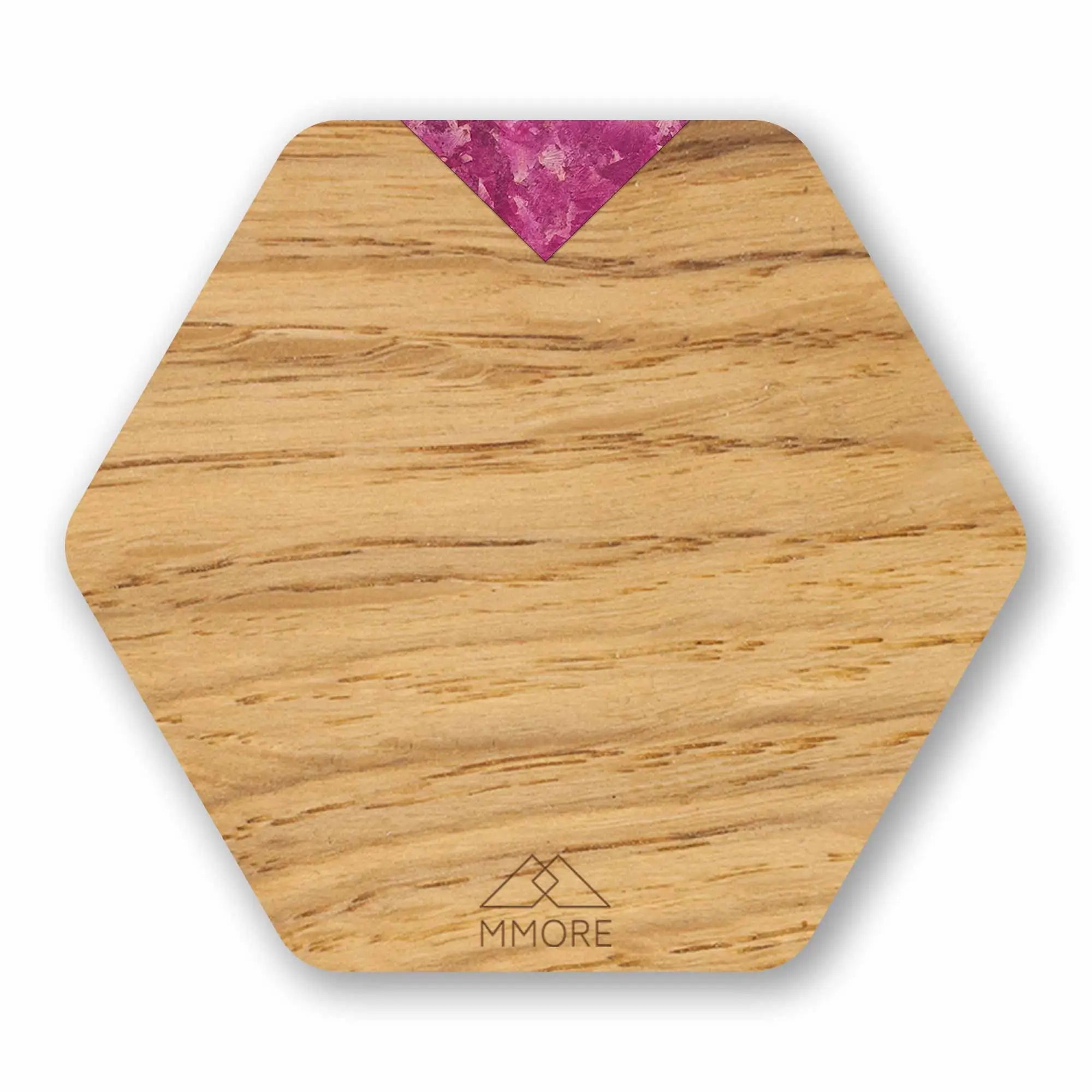 Personalized wooden coasters set of 4 oak hexagonal with vibrant pink textured accent and engraved mmore logo