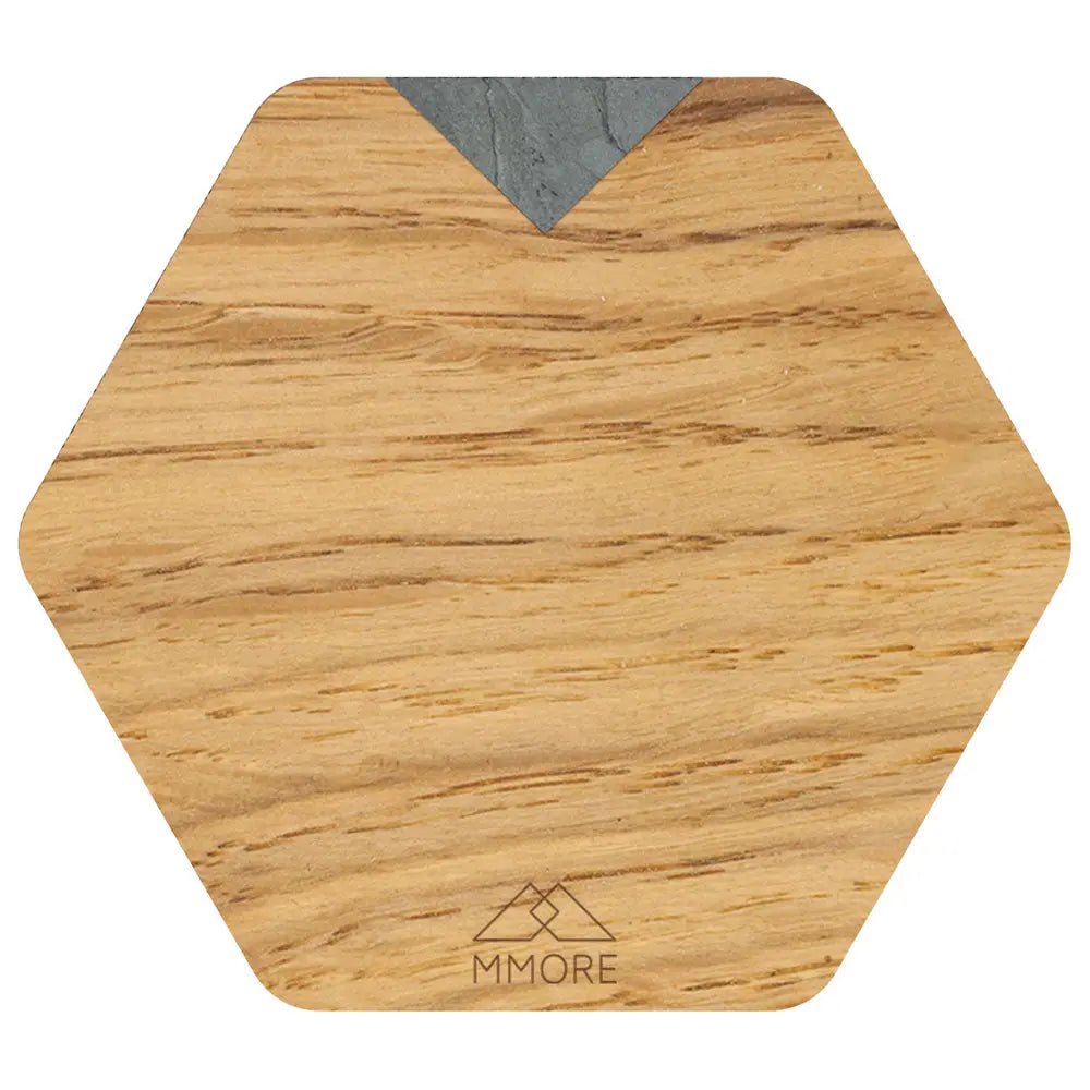 Hexagonal wooden coasters set of 4 with gray stone accent and engraved mmore logo on oak wood