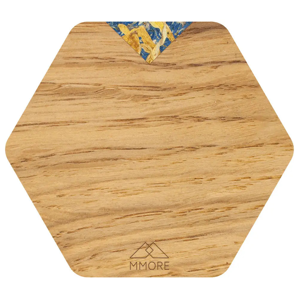 Set de 4 suporturi din lemn personalizate cu inlay albastru si auriu in model frunza in coltul superior