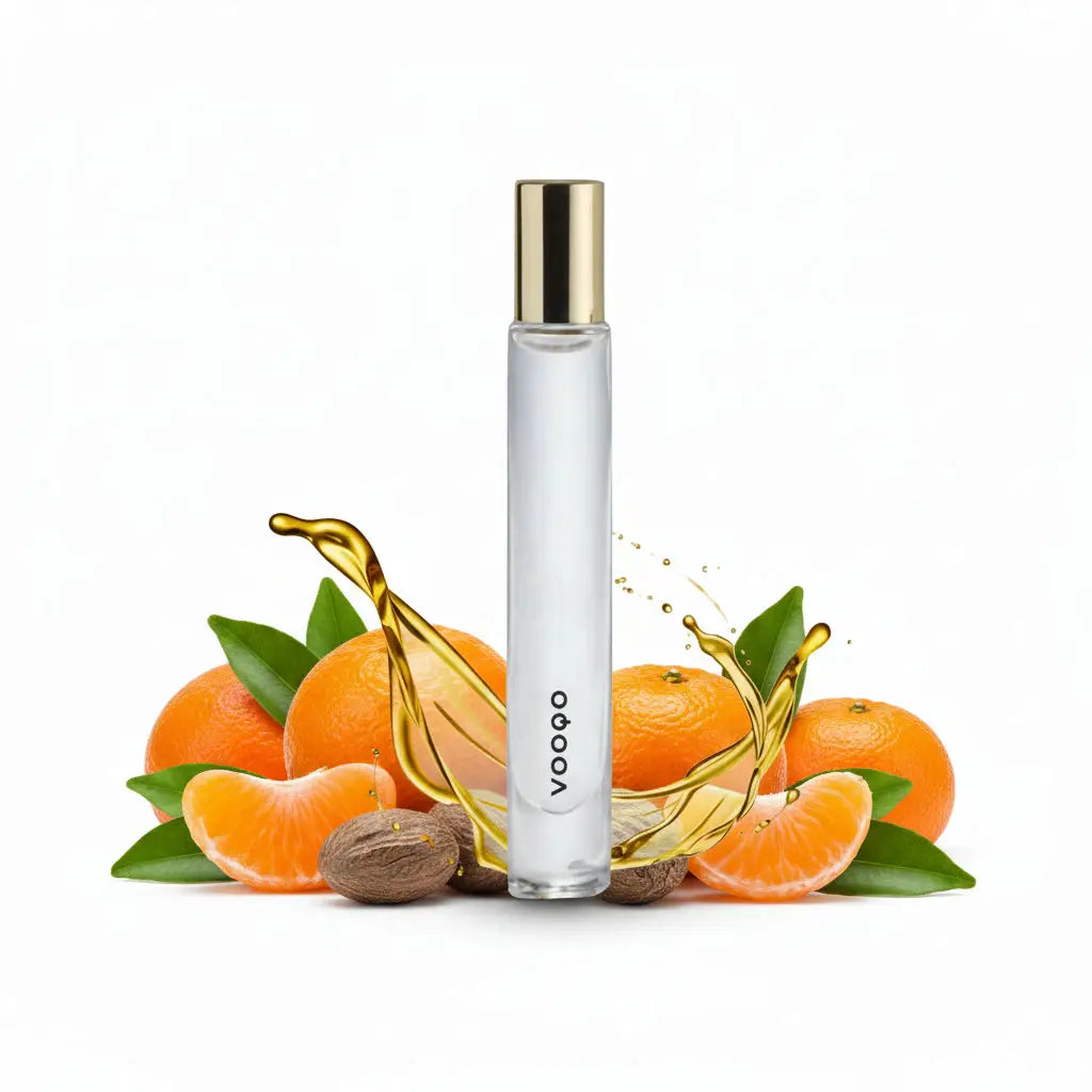 Sticla transparenta de rollerball perfume cu capac auriu si brandul vooq inconjurata de portocale si stropi de lichid auriu
