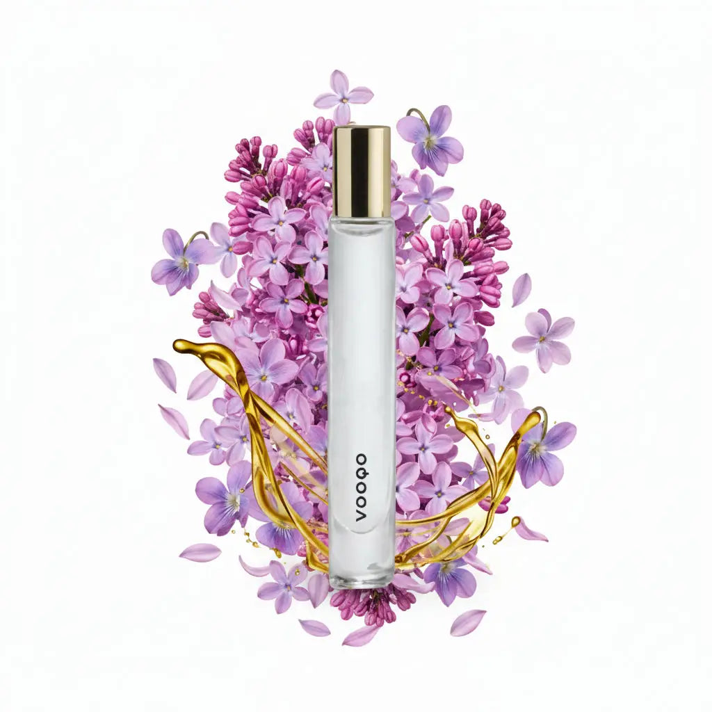 Un flacon de rollerball perfume transparent en verre avec un bouchon doré et la marque vooq en noir