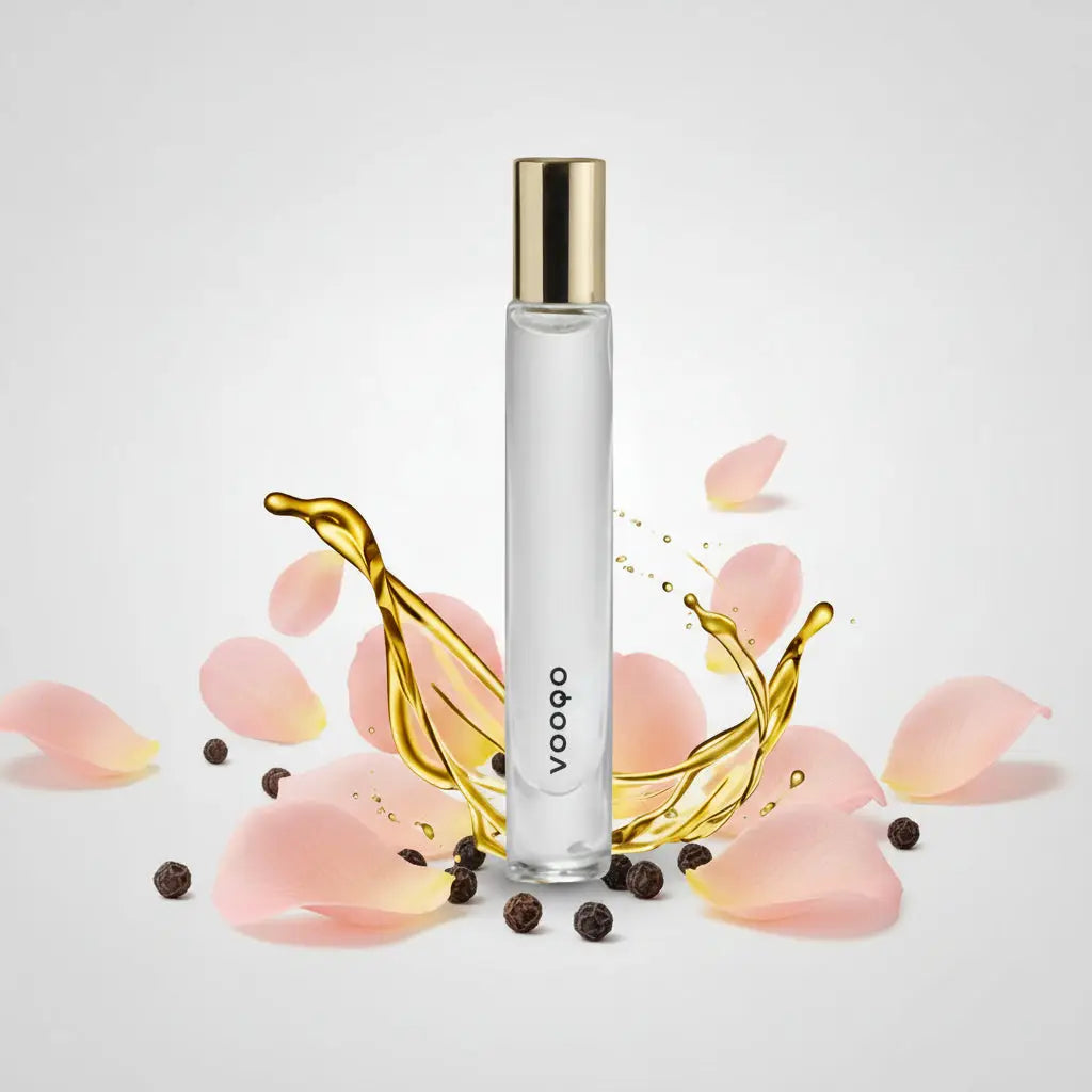 Sticlă transparentă de rollerball perfume vooco cu capac auriu, înconjurată de petale de trandafir roz și stropi aurii