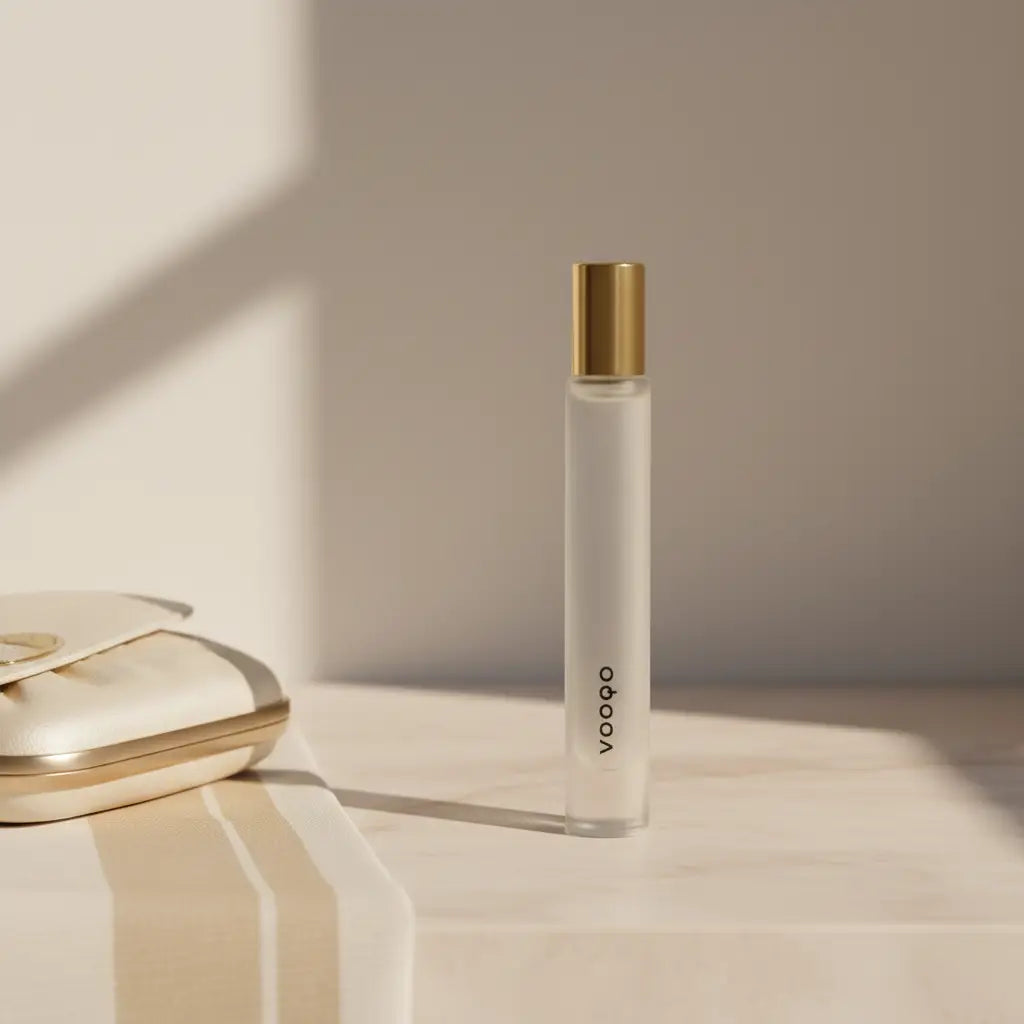 Un flacon de parfum rollerball en verre transparent avec bouchon doré et branding minimaliste vooco pe o suprafață luminată