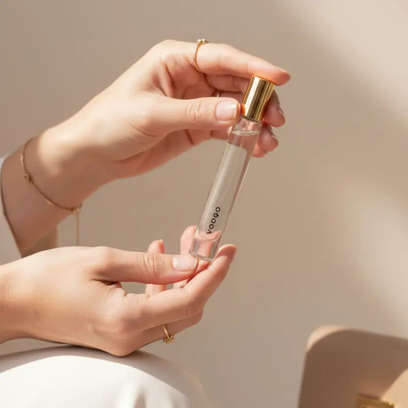 O sticlă clară de parfum rollerball cu capac auriu și brandul vooqo tipărit negru pe lateral