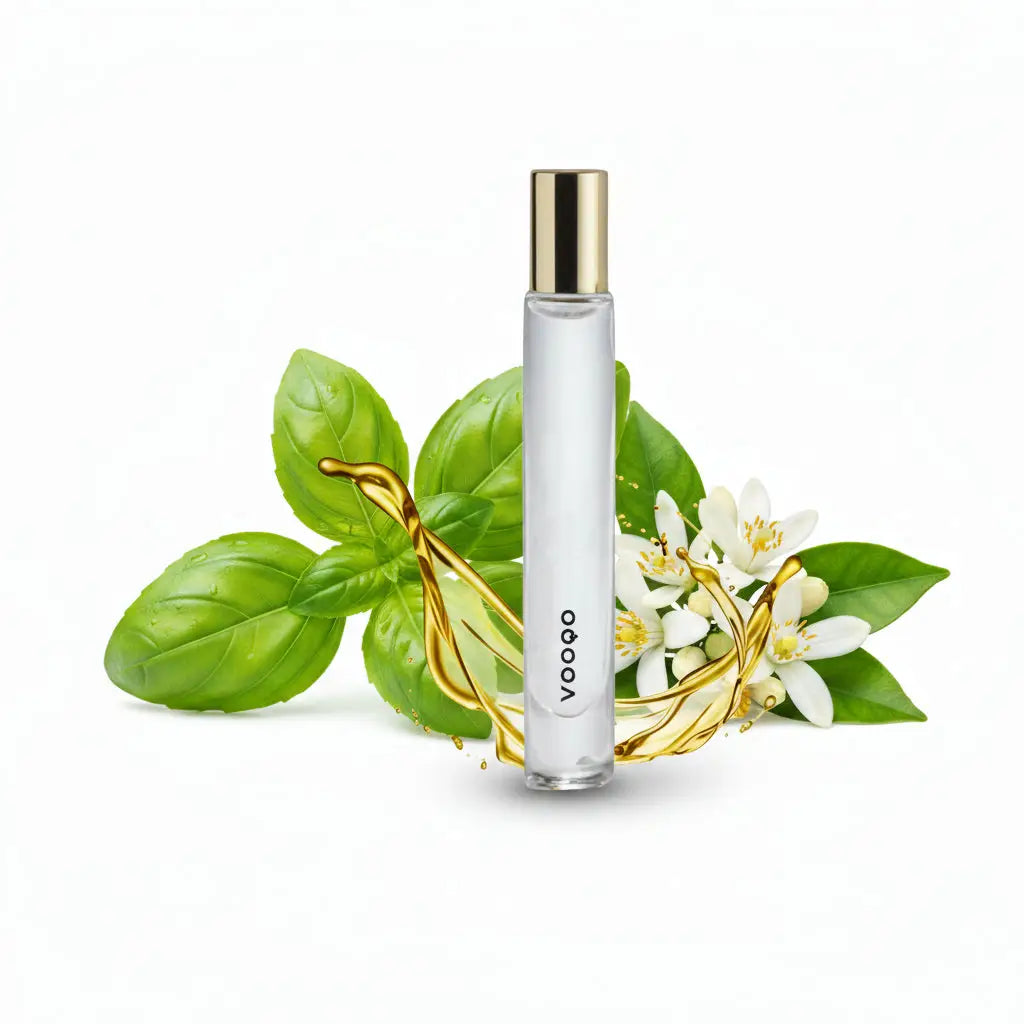 Un flacon de rollerball perfume din sticla transparenta cu capac auriu si brandul vooq imprimat vertical negru