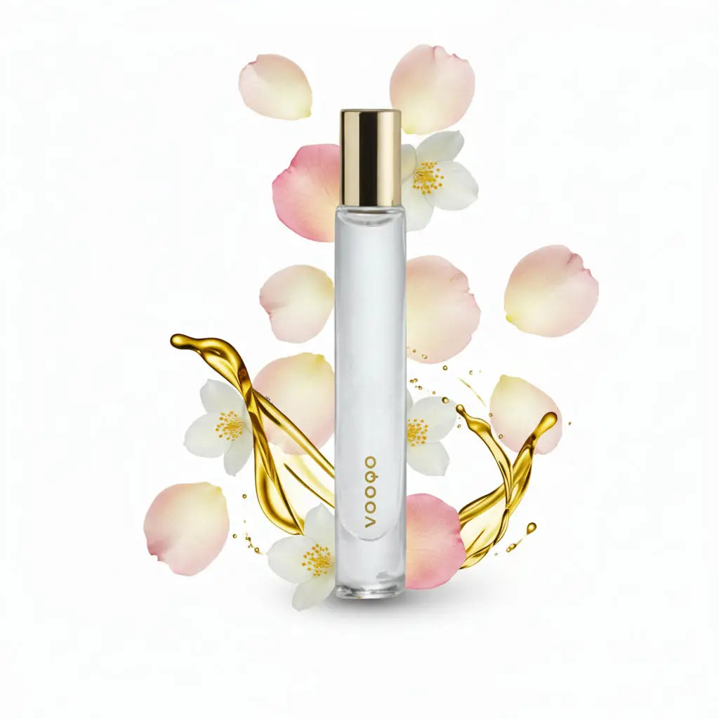 Un flacon de parfum rollerball en verre transparent avec un bouchon doré et le nom de la marque vooq gravé en or