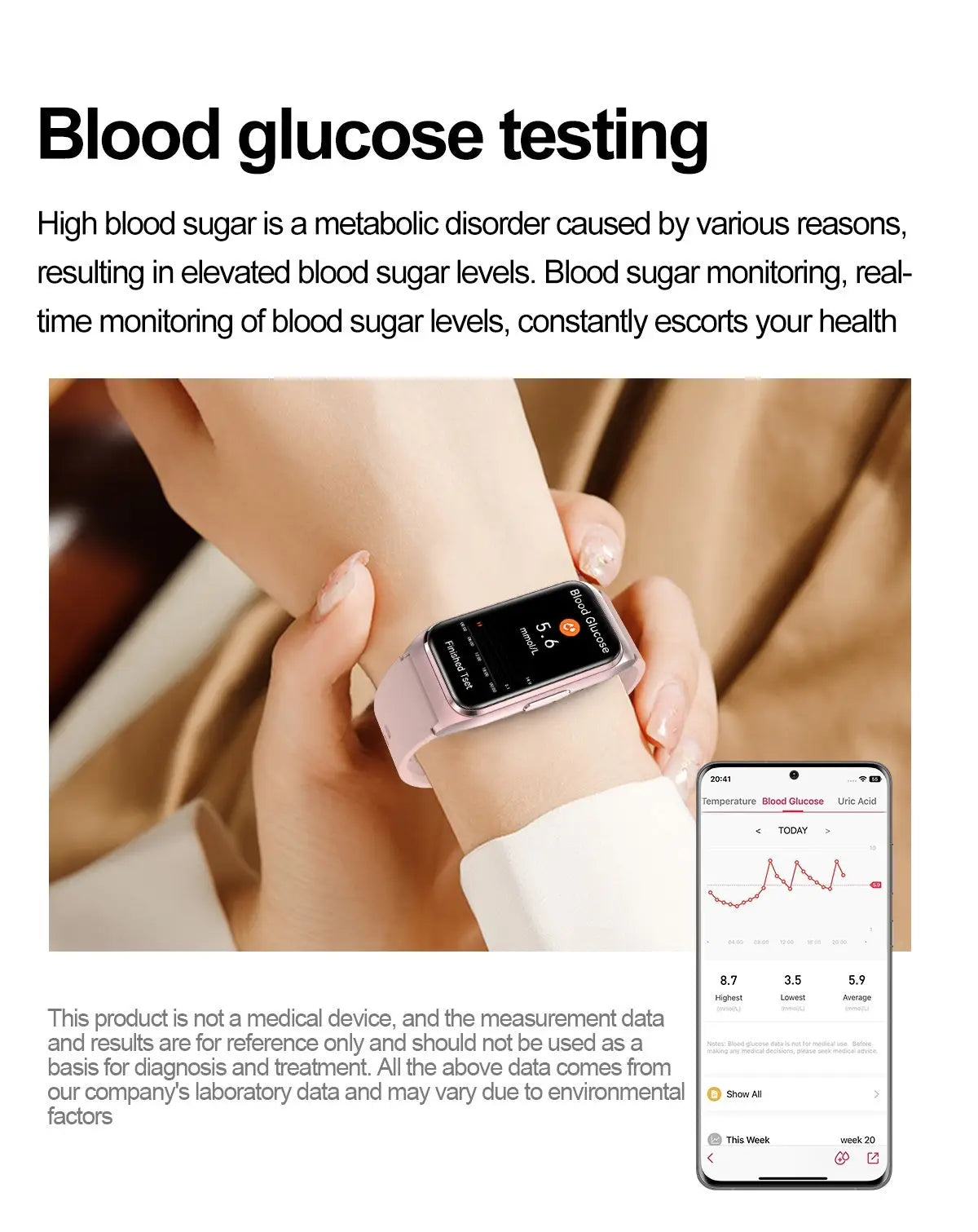 Smartwatch-ul vu-tek tk75 roz cu ecran dreptunghiular si bratara silicon afiseaza glicemie si apel bluetooth